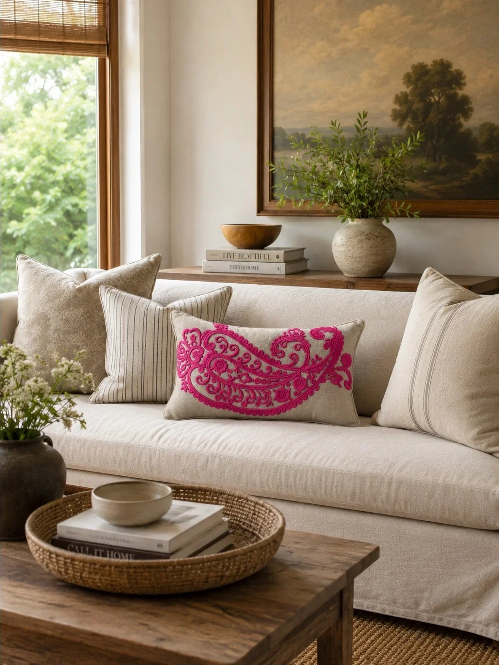Magaschoni Pink Embroidered Paisley Lumbar Throw Pillow Linen Duck Feather 12x20